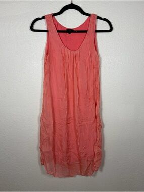 Carla Conti Italy L Coral 100% Silk Lined Crinkle Lightweight Dress Resortwear